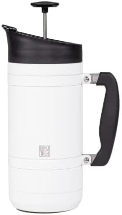 BruTrek by Planetary Design | BaseCamp French Press | 48 fl.oz - White | Insulated Stainless Steel - Bru-Stop Technology, No Grounds in Coffee, No Spill Lid (Snowflake White, 48 fl.oz)