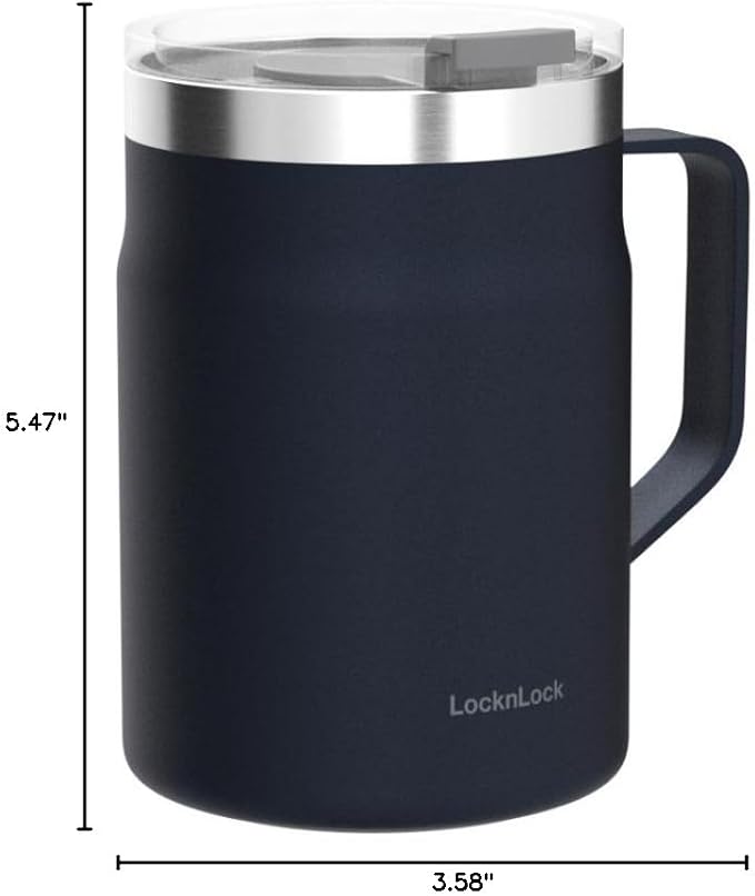 LocknLock Metro Mug, Premium 18/8 Stainless Steel Metal, Double Wall Insulated, Portable Coffee Cup with Lid and Handle for Hot and Cold Drinks, Navy, 16 oz