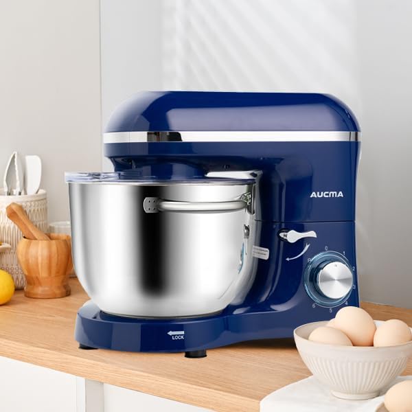 Aucma Stand Mixer,6.5-QT 660W 6-Speed Tilt-Head Food Mixer, Kitchen Electric Mixer with Dough Hook, Wire Whip & Beater (Royal Blue, 6.5QT)