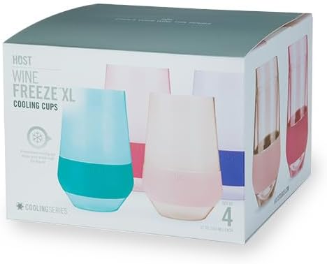 Host Freeze XL Wine Cooling Cups for Gifts for Mom, Birthday Gifts for Women, Double Wall Insulated Plastic Wine Glasses for Red and White Wines, Freezable Plastic Tumblers, 12 oz, Set of 4, Assorted