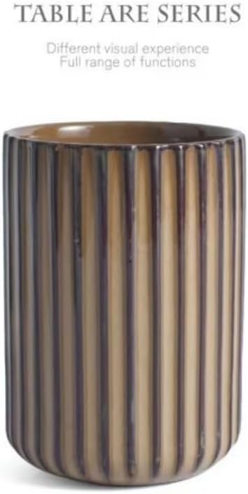 TOPYOKK Stoneware Coffee Bar Utensil Holder Tea & Coffee Spoon & Stirrer Holder for Stir Stick Straw Teaspoon Holder Espresso Spoon Cup Small Utensil Jar Fluted Vertical Stripe (Rustic Brown)