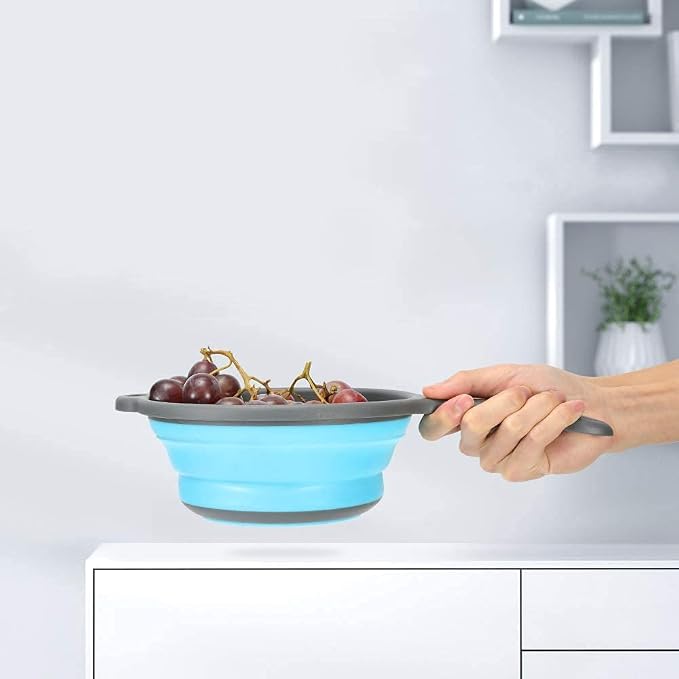 Kitchen Foldable Silicone Strainer Colanders with Handles, Blue | Collapsible Colanders, Space-Saver Folding Strainer, for Draining Pasta, Vegetable