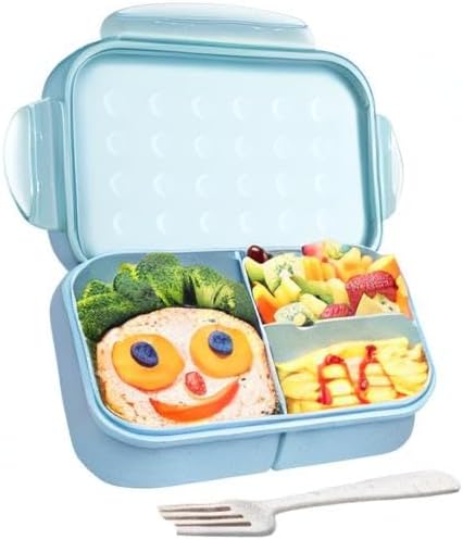 Itopor Bento Box for Kids & Adults, Lunch Box 46 oz / 1400ml, Pale Blue | Wheat straw material, BPA-free, leakproof, 3 compartments, microwave & dishwasher safe, for school, office & travel