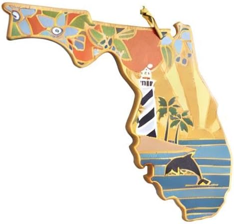 Totally Bamboo Florida State Shaped Cutting Board, Summer Stokes Art | State charcuterie board with colorful hand-drawn landscape art. Smooth reverse side for food prep. Hang tie for wall display.