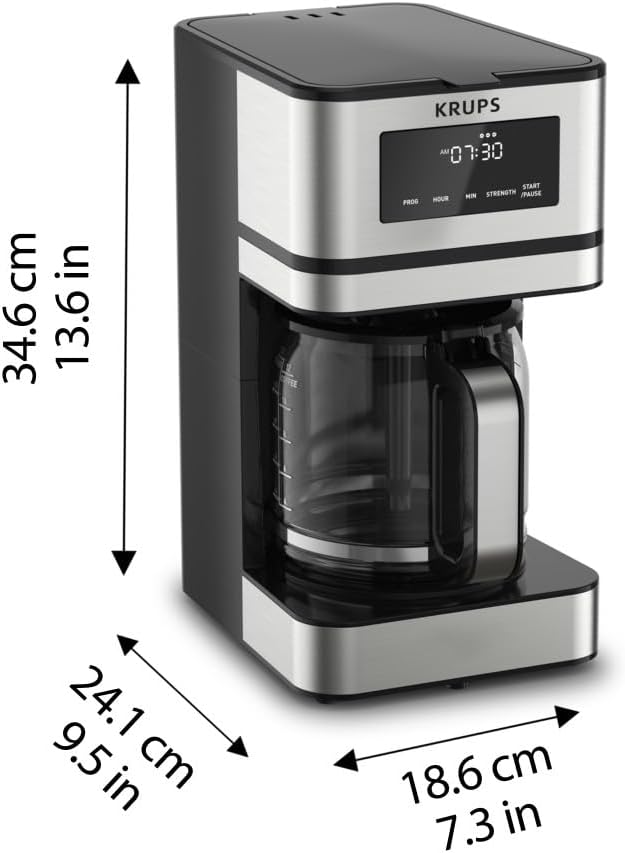 KRUPS Programmable 12-Cup Drip Coffee Maker Machine with 3 Brew Strengths | 24-hour programmable brewing, 3 brew strengths (mild, medium, bold), Flavor-Max technology, 4-hour keep warm