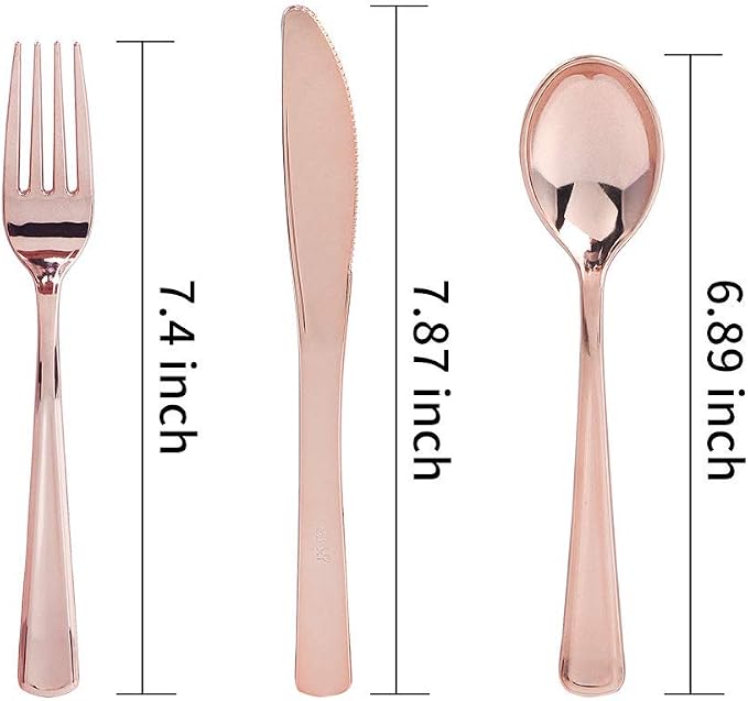 300 Pieces Rose Gold Plastic Silverware- Disposable Flatware Set - Heavy Duty Plastic Cutlery Includes 100 Forks, 100 Spoons, 100 Knives Perfect for Wedding/Party/Birthday