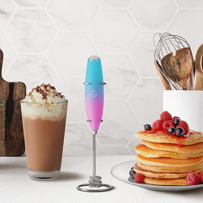 Zulay Powerful Milk Frother for Coffee with Upgraded Titanium Motor - Handheld Electric Whisk, Milk Foamer, Mini Mixer & Coffee Blender for Frappe, Latte, Matcha, No Stand - Teal Pink Fade