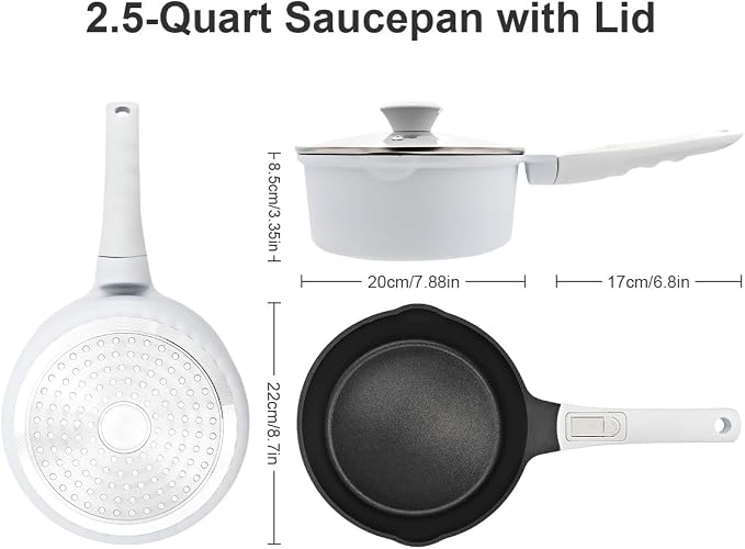 2.5 Qt Saucepan with Lid, Nonstick Sauce Pot with Pour Spout, White | Milk Pot with Detachable Handle, Compatible for All Stoves Including Induction, Oven Safe, PFOA PFAS PTFE Free