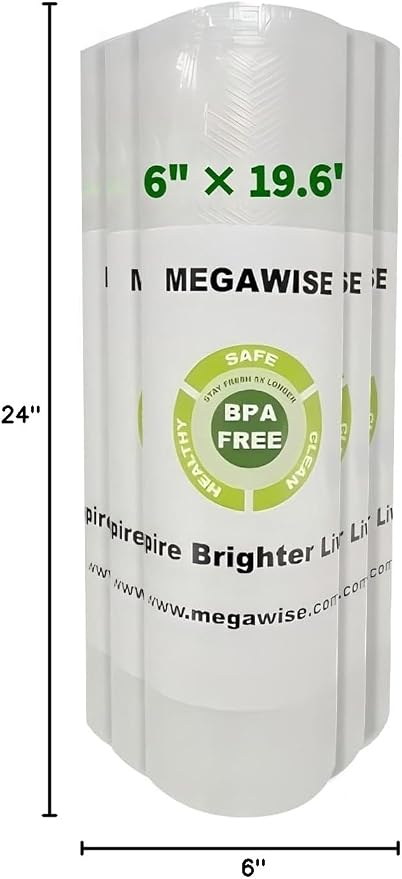 MegaWise 5 roll Vacuum Sealer Machine Bags, 6 inch wide and 19.6 Feet Long for Megawise & other brand vacuum Perfect for Meal Prep and Sous Vide Cooking (6" x 24")