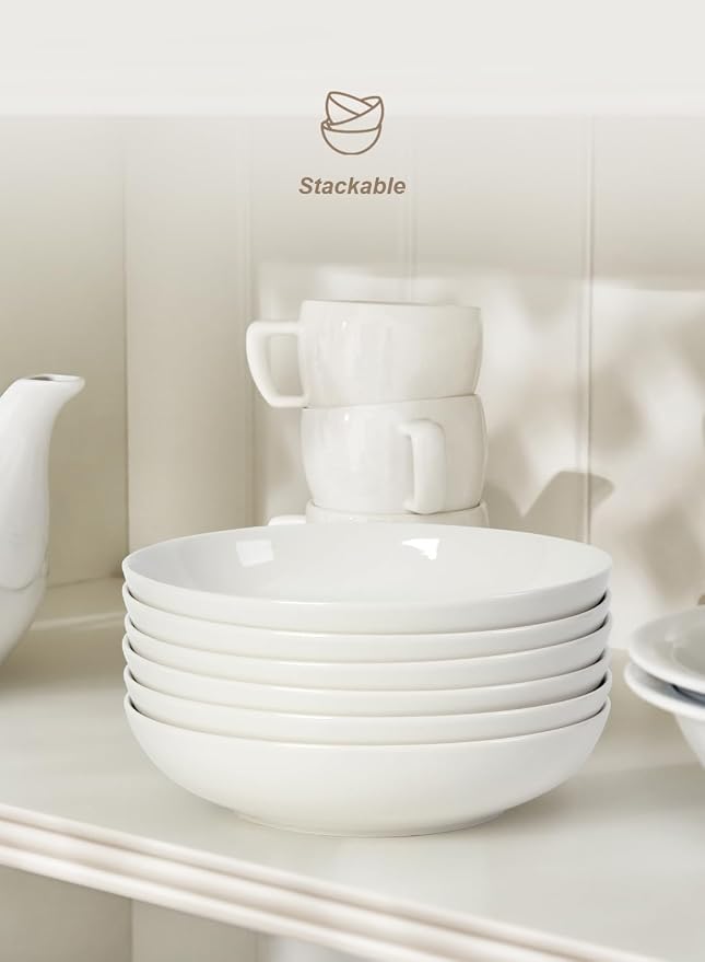 Quatish Pasta Bowls 30oz Set of 4, Salad Bowls Soup Bowl for Kitchen, Microwave & Dishwasher Safe, Large Porcelain Wide and Shallow Serving Bowl, White Dinner Plates, Dinnerware Set, Gift
