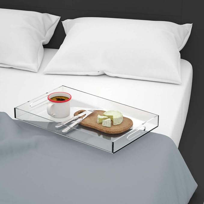 NIUBEE Acrylic Serving Tray 14x18 Inches -Spill Proof- Clear Decorative Tray Organiser for Ottoman Coffee Table Countertop with Handles | Spill-Proof tray for Coffee Table, Ottoman | Decorative Tray for Breakfast in Bed, Drink Serving & Home Organization