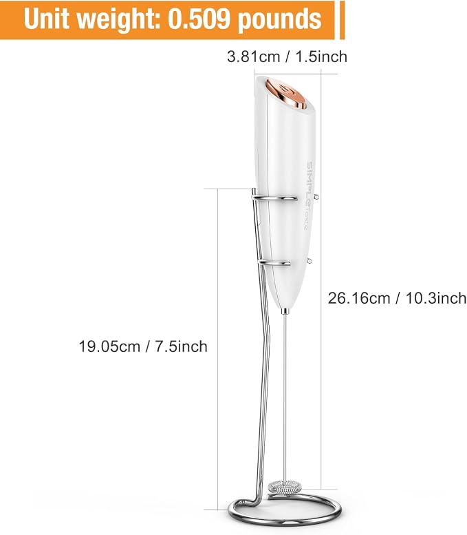 SIMPLETASTE Milk Frother Handheld Electric Foam Maker Battery Operated | Drink Mixer with Stainless Steel Whisk for Cappuccino, Bulletproof Coffee, Latte, White, with Stand