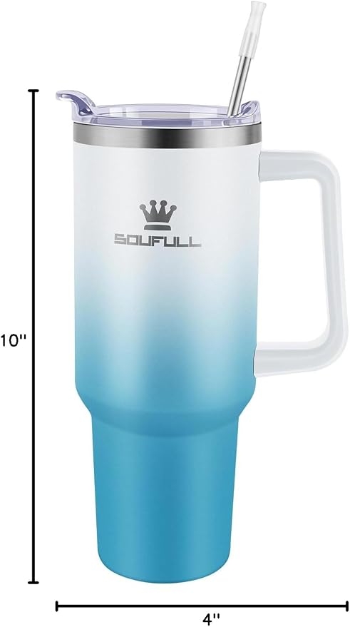 Soufull 40 oz Tumbler with Handle and Straw Lid, 100% Leak-proof, WhiteBlue | Stainless Steel Insulated Travel Coffee Cup, Keeps Cold 34Hrs or Hot 10Hrs, Dishwasher Safe