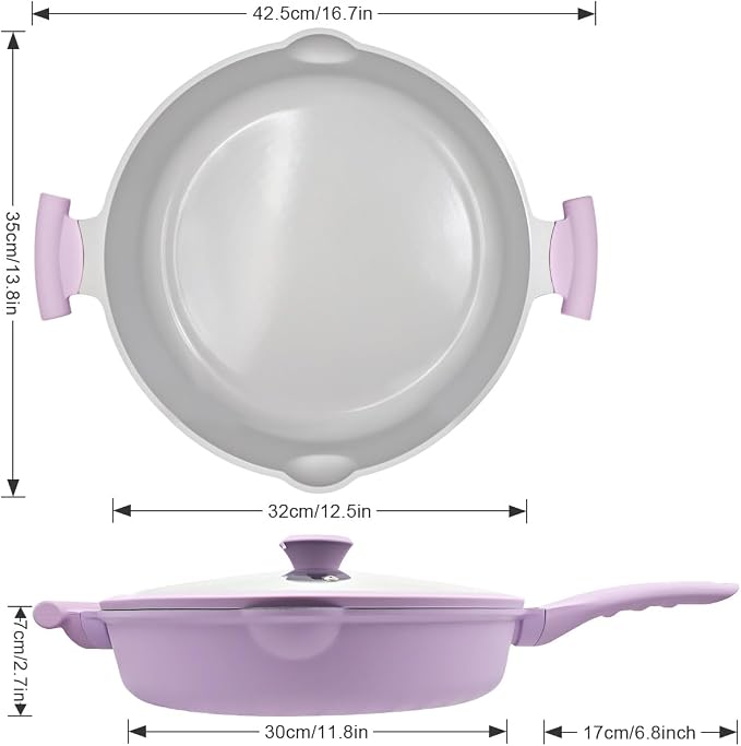 AIKENBBKK Ceramic Frying Pan with Lid, 14 Inch Saute Pan, Non Stick Frying Pans, 2-In-1 Large Cooking Pan, Nonstick Skillet, Compatible with All Stoves, PTFE & PFOA Free, Purple