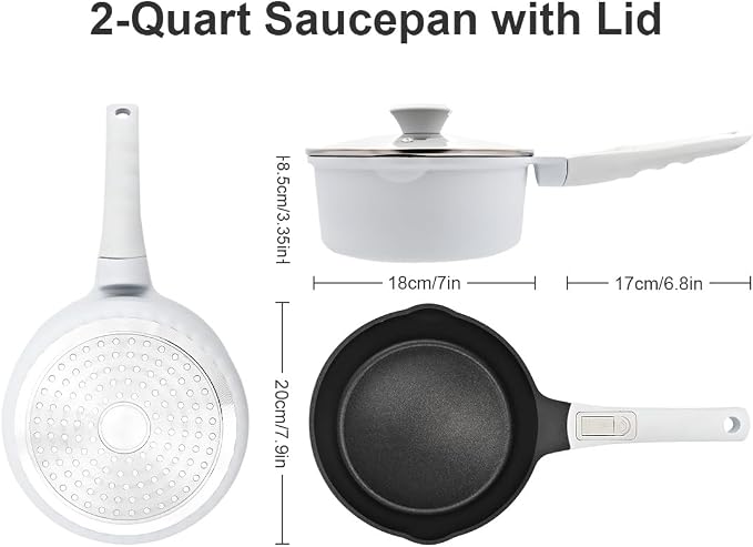 2 Qt Saucepan with Lid, Nonstick Sauce Pot with Pour Spout, White | Compatible for All Stoves Including Induction, Detachable Handle, Oven Safe, PFOA PFOS APEO Free
