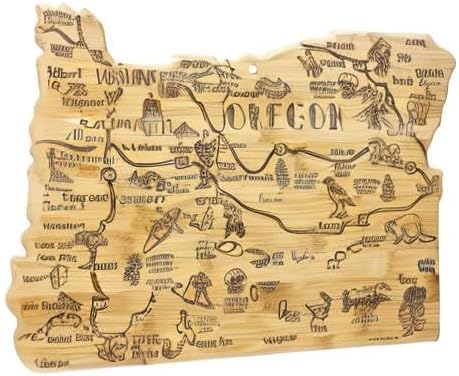 Totally Bamboo Destination Oregon State Shaped Cutting Board | State charcuterie serving board with engraved map artwork. Smooth reverse side for food prep. Hang tie for wall display.