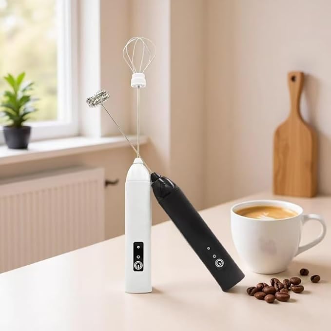 Milk Frother Handheld Rechargeable Electric Frother Wand Coffee Foam Maker with 2 Stainless Stee Whisks & 3 Speeds,Drink Mixer Handheld for for Latte, Cappuccino, Hot Chocolate, Matcha, Egg (White)