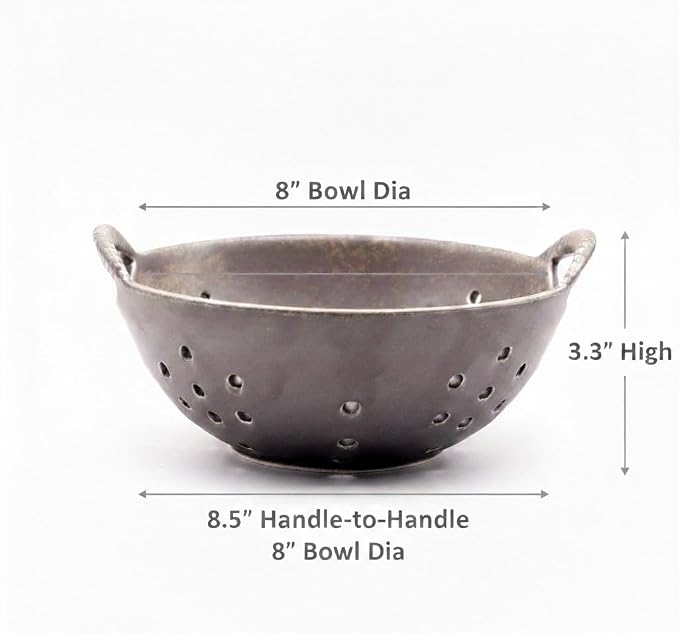 8" Ceramic Berry Colander with Handles, Reactive Glaze Fruit Washing Bowl, Rustic Stoneware Pasta Strainer for Kitchen (Charcoal Grey)