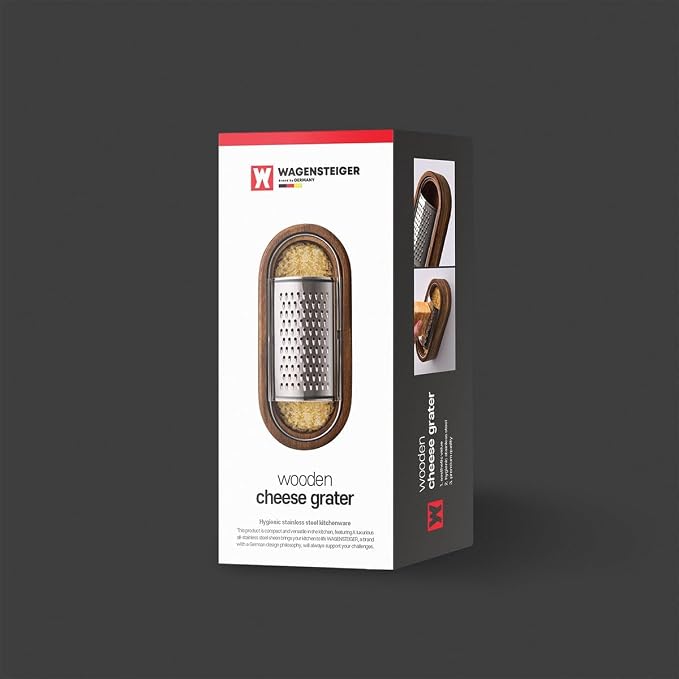 Wagensteiger Removable SUS304 Stainless Steel Cheese Grater with Wooden Container, Wooden Shredder, Citrus Zester, Perfect for Presenting Freshly Grated Cheese or Zest