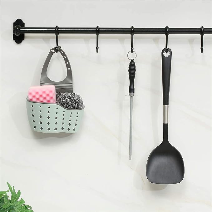 Kitchen Sink Caddy Sponge Holder Silicone Plastic Soap Holder Hanging Ajustable Strap Faucet Caddy with Drain Holes(2 Pack)