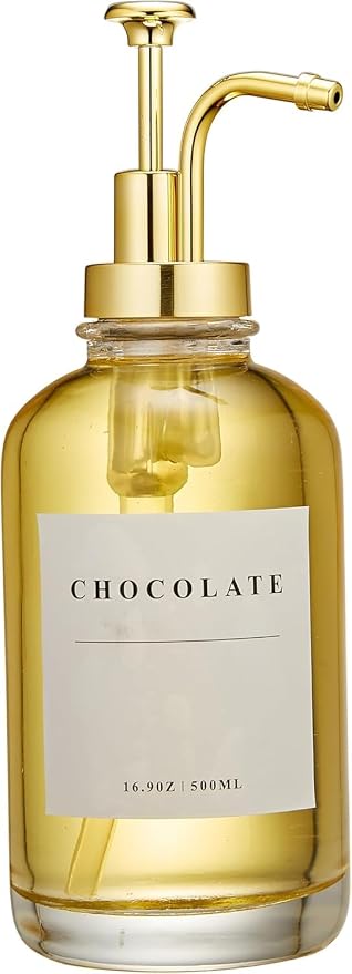 Coffee Syrup Dispenser for Coffee Bar with Gold Upgraded Pump, 1 Pack | 16.9 oz 500 ml Syrup Dispensers, Coffee Syrup Pump Dispenser, Glass Syrup Bottle 28 Labels