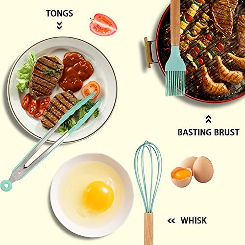 MIBOTE Silicone Cooking Kitchen Utensils Set, Wooden Handle, Teal | BPA-Free, Non-Toxic Silicone Turner, Tongs, Spatula, Spoon Set – Great for Nonstick Cookware, Heat-Resistant, Easy Clean