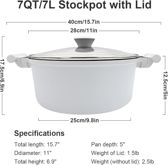 7 Qt Nonstick Stock Pot with Lid,Large Soup Pot with Stay-Cool Handle,White | Lightweight & Durable, Suitable for All Stoves, Including Induction, PTFE & PFAS & PFOA Free