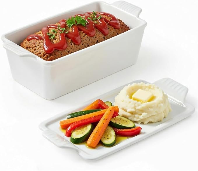 Ceramic Loaf Pan with Lid - 1.58 Qt Deep Bread Pan (10.94" x 5.23"), 2-in-1 Baking Dish for Homemade Bread Banana Bread Meatloaf, Oven Safe to 500°F, Dishwasher Freezer Safe, White