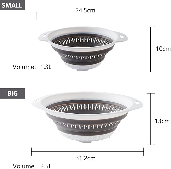 Collapsible Colander and Strainer,Silicone Strainer Colanders & Food Strainers,for Vegetable and Fruit, Kitchen Essentials (2, Blue, 1.3L+2.5L)