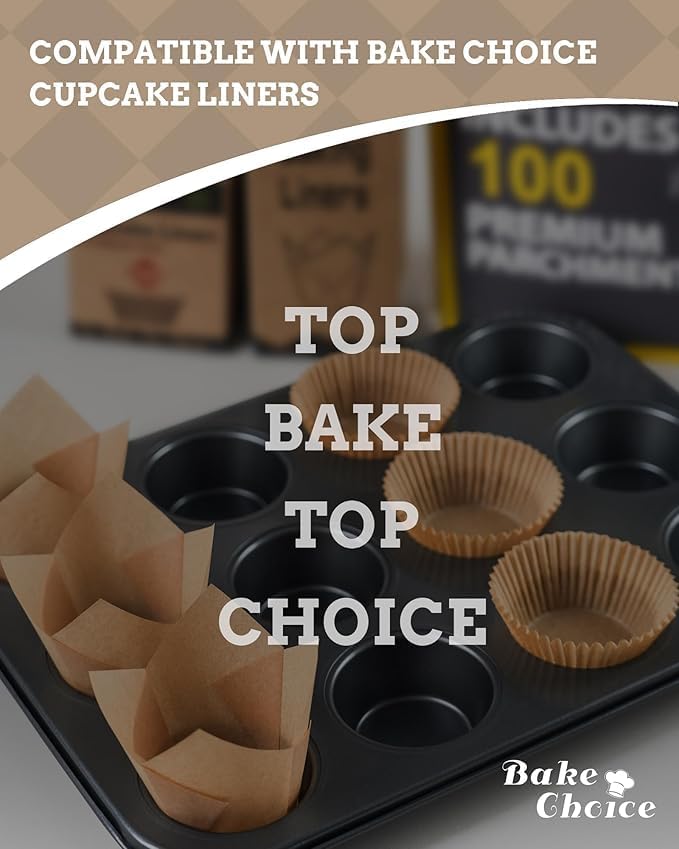 Bake Choice 2 Muffin Pan for Baking, Standard Cupcake Pan with 100 Liners | Includes 100 Natural Cupcake Liners, Non-Stick Muffin Tin Nonstick 12 Cup, Baking Pans Set, Carbon Steel Baking Supplies