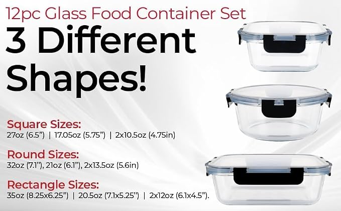 Magic Mill Premium Borosilicate Glass Food Storage Containers with lids Set | 24pc Sets with 12 Bowls & 12 Airtight Locking Lids for Lunch & Meal Prep, Safe for Oven, Freezer, Dishwasher, BPA-Free