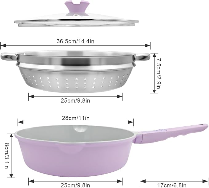 AIKENBBKK 12 Inch Nonstick Deep Frying Pan with Steamer, Ceramic Skillet with Lid, Steamer Pan for Cooking, 5 QT Non Stick Saute Pan with Detachable Handle, PTFE & PFAS-Free, Purple