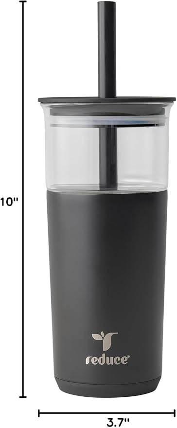 REDUCE Aspen - 20oz Vacuum Insulated Glass Tumbler - Extra Wide Straw & Lid | Keeps drinks cold for 12 hours, ideal for iced coffee, smoothies & boba, dishwasher safe, soft base