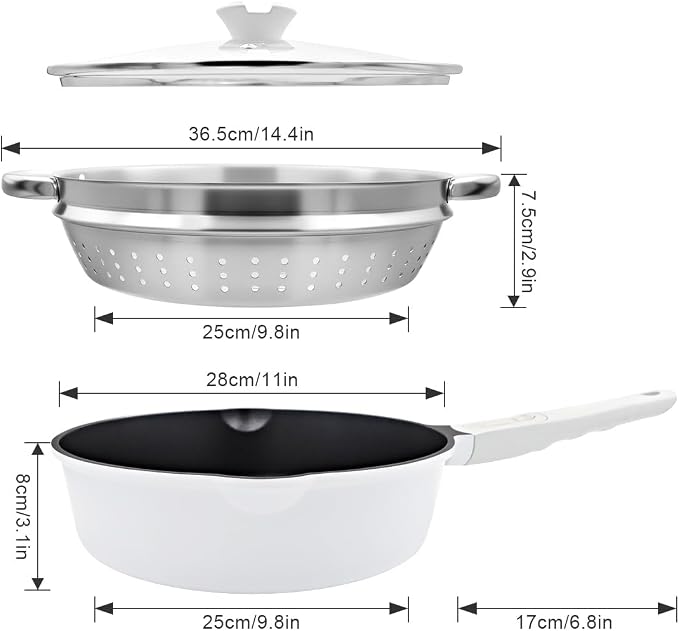 12-Inch Nonstick Deep Frying Pan Skillet with Steamer, Non Stick Saute Pan with Lid, Detachable Handle, Induction Compatible, Oven Safe, PFOA Free, Classic White
