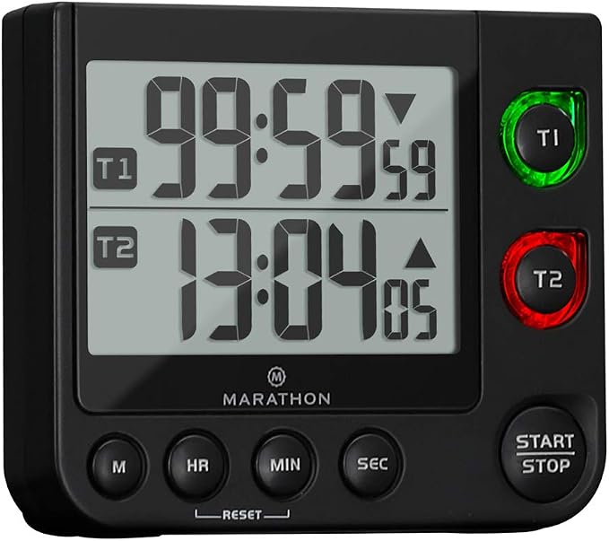 MARATHON Dual Digital Timer, 100-Hour Count Up/Down, Large Display, Black | Adjustable Alarm Volume, Flashing Visual Alert, Magnetic Back and Tabletop Stand