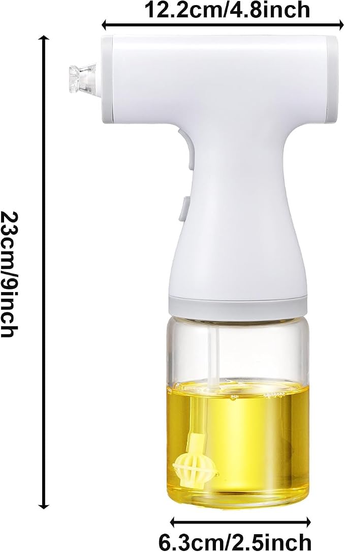2-in-1 Electric Oil Sprayer Dispenser Automatic Olive Oil Misting Spray Stream Jet 9oz/260ml Glass Bottle for Cooking, Salad, Air Frying, Baking, BBQ, Built-in Rechargeable Battery (White)