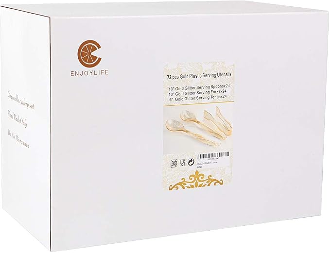 72pcs Gold Glitter Plastic Serving Utensils Set for Party &Buffet | 24 Serving Spoons(10"), 24 Forks (10")& 24 Tongs(6"), Clear Gold Disposable Serving Utensils for Weddings, Birthdays