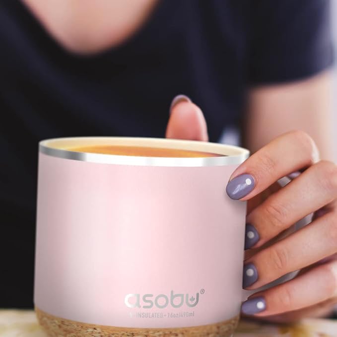 asobu Infinite Stainless Steel Insulated Coffee Mug with Inner Ceramic Coating and Cork Coaster 16 Ounce (Powdered Pink)