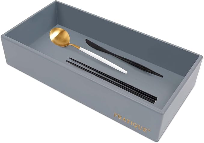 PRATIQUE Bamboo Drawer Organizer - Kitchen Utensil Organizer Silverware Tray Cutlery Holder,Office Desk Supplies and Accessories,12 * 5.9 * 2.6,Grey
