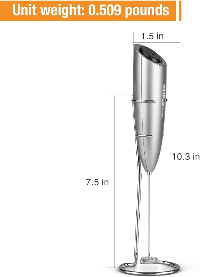 SIMPLETASTE Milk Frother Handheld Electric Foam Maker Battery Operated | Drink Mixer with Stainless Steel Whisk for Cappuccino, Bulletproof Coffee, Latte, Gray, with Stand