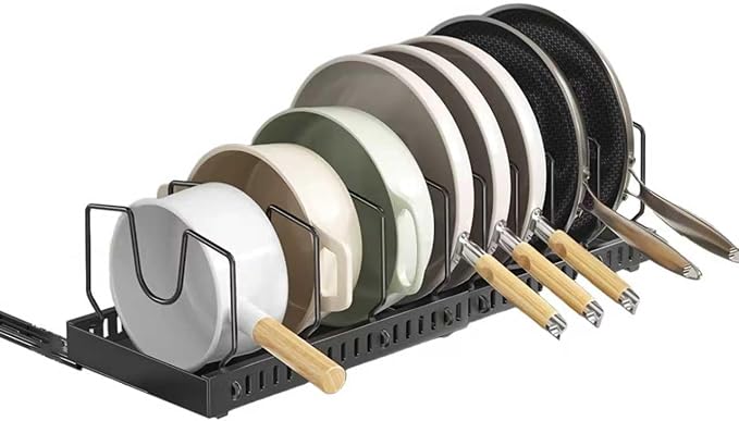 pots and pans organizer under cabinet,pot lid organizers inside cabinet holders for kitchen,Horizontal and vertical pulling modes,Can be extended and adjusted (Black horizontal pull-out)