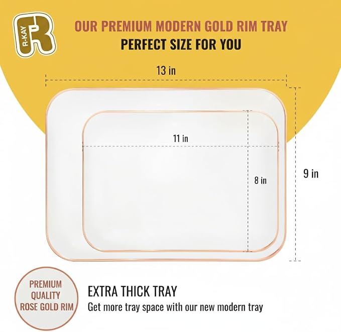 3 Pack Rose Gold Plastic Serving Trays for Party - Rose Gold Serving Tray 8 x 11 Inch - Heavy Duty Dessert Trays for Food - Rectangular Party Serving Trays for Entertaining