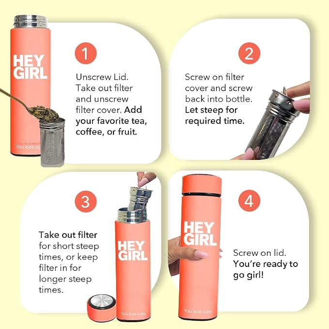 Hey Girl Tea Infuser Bottle 450ml - Insulated Stainless Steel Water Bottle - Tea Tumbler with Tea Diffuser - Portable Travel Mug for Loose Leaf Tea & Infused Water - Tea Lovers Gifts for Women