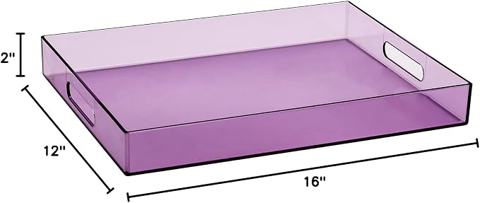 Sooyee Violet Clear Acrylic Serving Tray with Handles, 16" x 12" | Decorative, For Breakfast, Tea, Food, Butler, Coffee, Table Ottoman Vanity Countertop