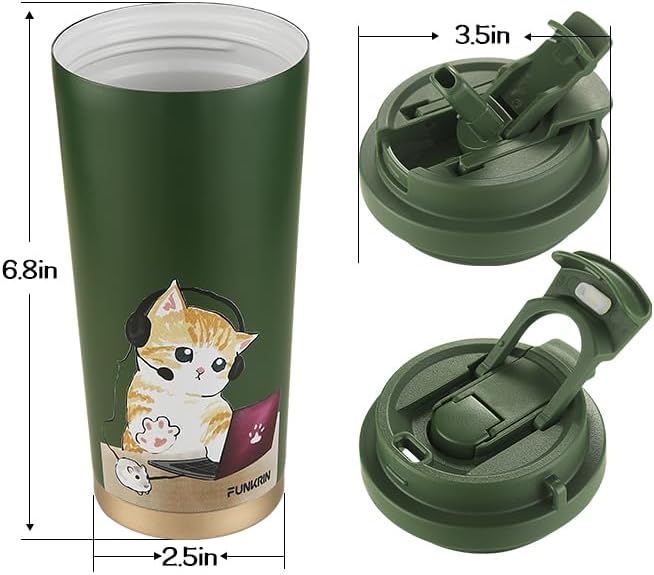 Funkrin Insulated Coffee Mug with Straw & Flip Lid, 16oz Tumbler Cup with Ceramic Coating, Double Wall Vacuum Leak-Proof Travel Mug wiht Tea Infuser for Office School Party Camping