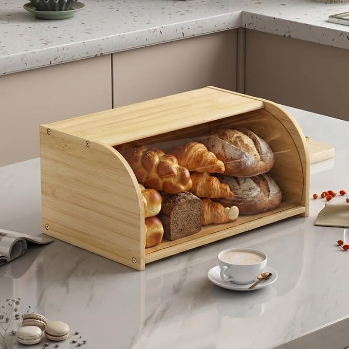 Roll Top Bread Box for Kitchen Countertop with Clear Lid | Natural bamboo, clear roll-top lid. Airtight small breadbox. Fits homemade loaves, bagels, pastries. Easy assembly.