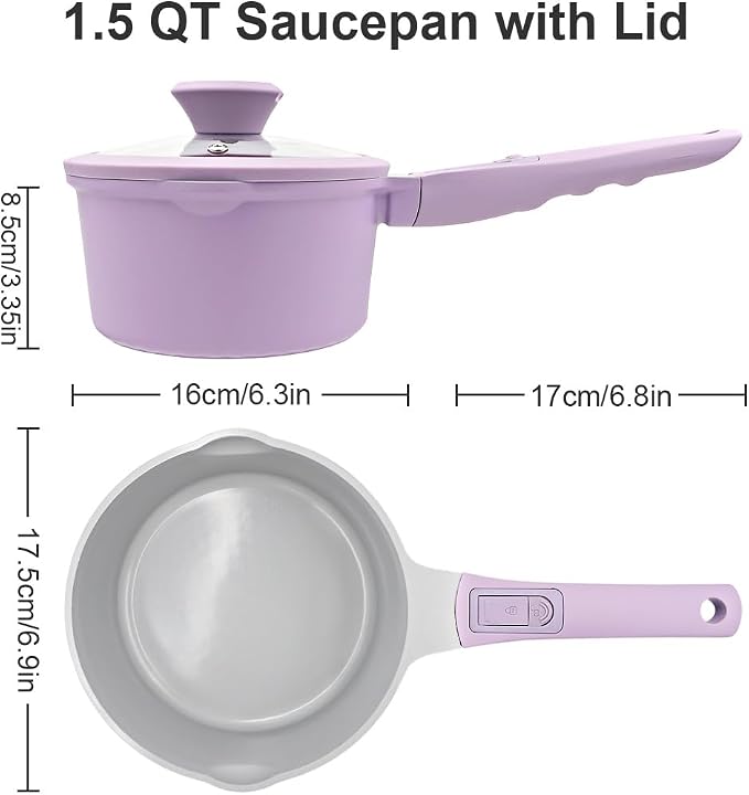 AIKENBBKK 1.5 Quarts Ceramic Nonstick Saucepan with Lid, Small Sauce Pot with Pour Spouts for Multipurpose Use, Milk Pan with Detachable Handle, Oven Safe, Purple
