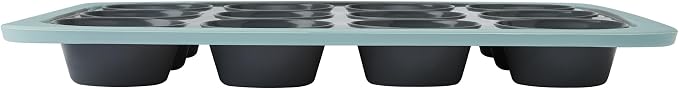 Chicago Metallic 12-Cup Silicone Muffin Pan, Blue - Nonstick Cupcake Baking Pan with Wire-Reinforced Rim, Oven Safe to 428F, Dishwasher Safe, 14.6 x 10.43 Inches