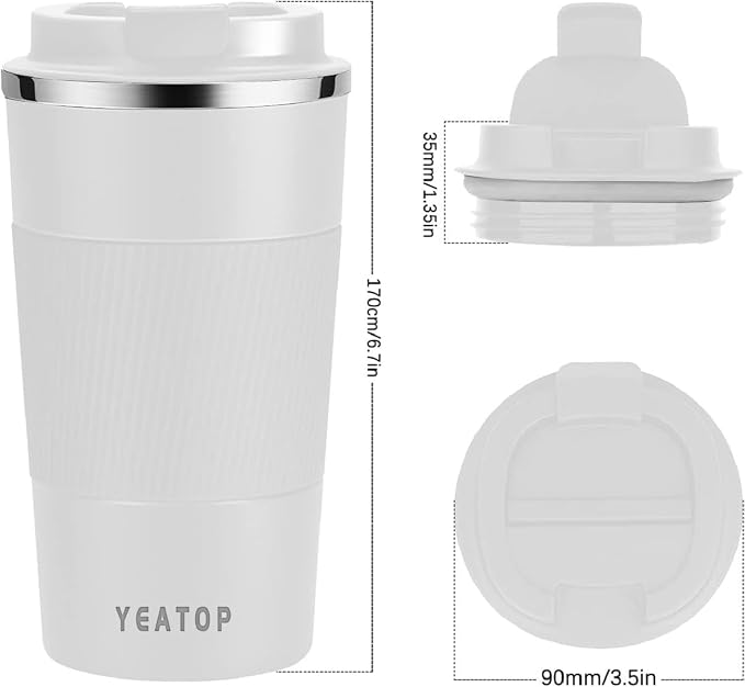 16 oz Insulated Travel Coffee Mug, Spill Proof Coffee Mug To Go, Leak proof Reusable Thermal Coffee Cup With Lid, Stainless Steel Vacuum Coffee Tumbler for Hot/Cold Drinks (White, 510ml)