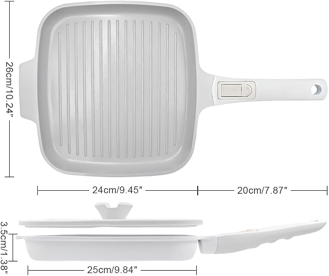 RANX INGST Nonstick Ceramic Griddle Pan with Lid, 10 Inch Steak Pan- White | Detachable Handle Induction Compatible
